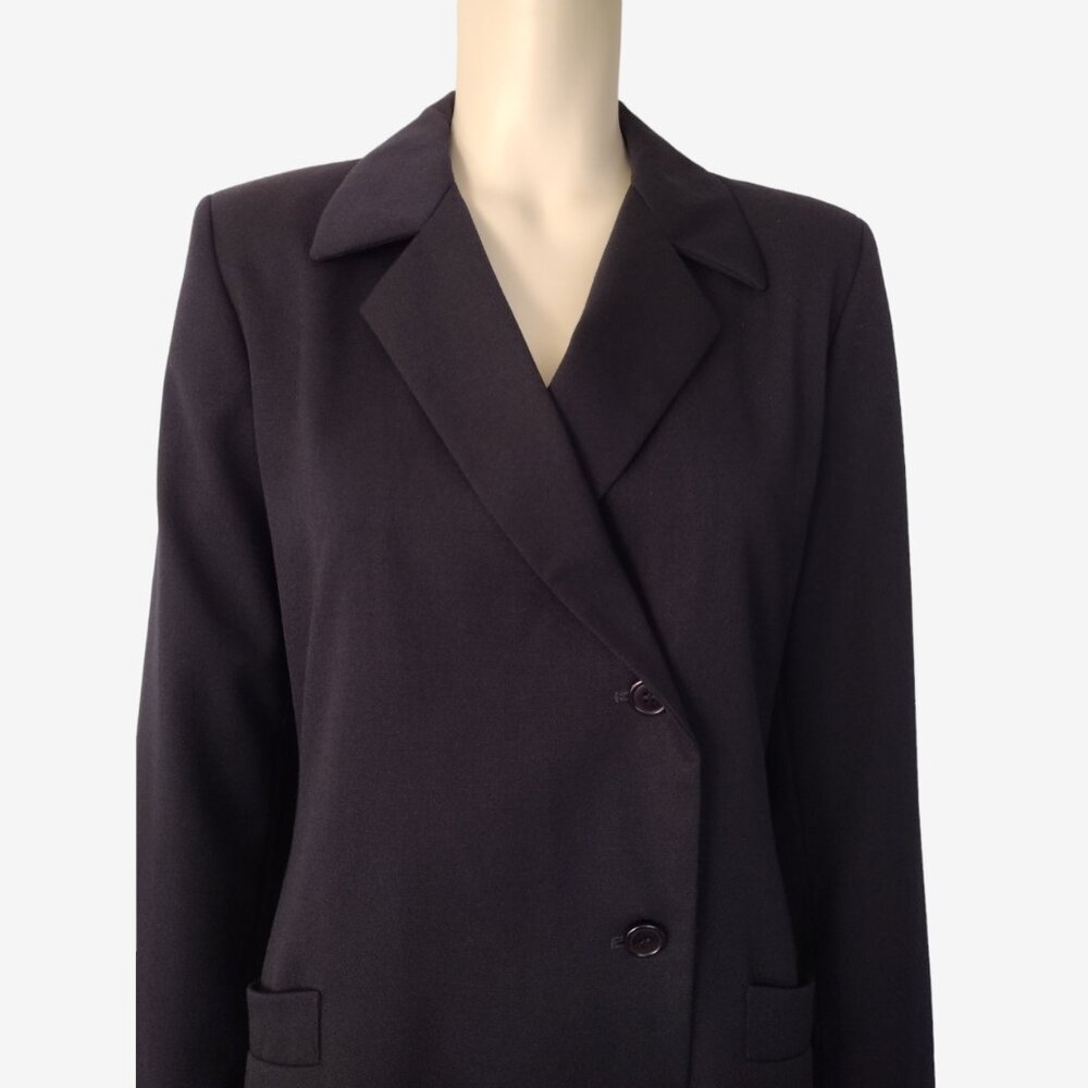 Vintage 1990s Havre Bernard Black Asymmetric 100% Wool Long Fitted Coat - Picture 9 of 14